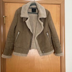 Zara Brown Shearling-Lined Bomber Jacket with Cream Trim